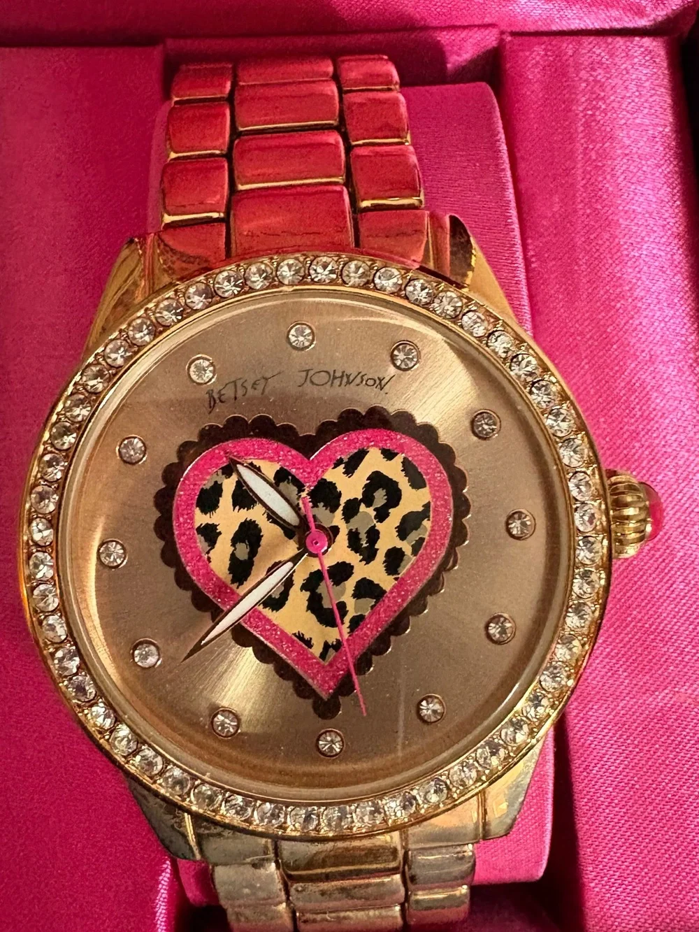 Betsey Johnson Gold Tone Watch with Pink Leopard Heart Dial